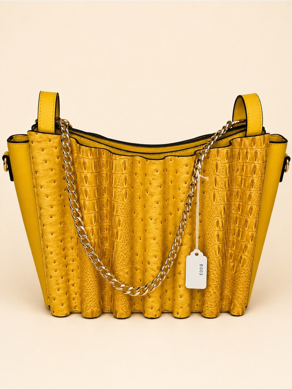 Textured Yellow Chain-Handle Shoulder Tote